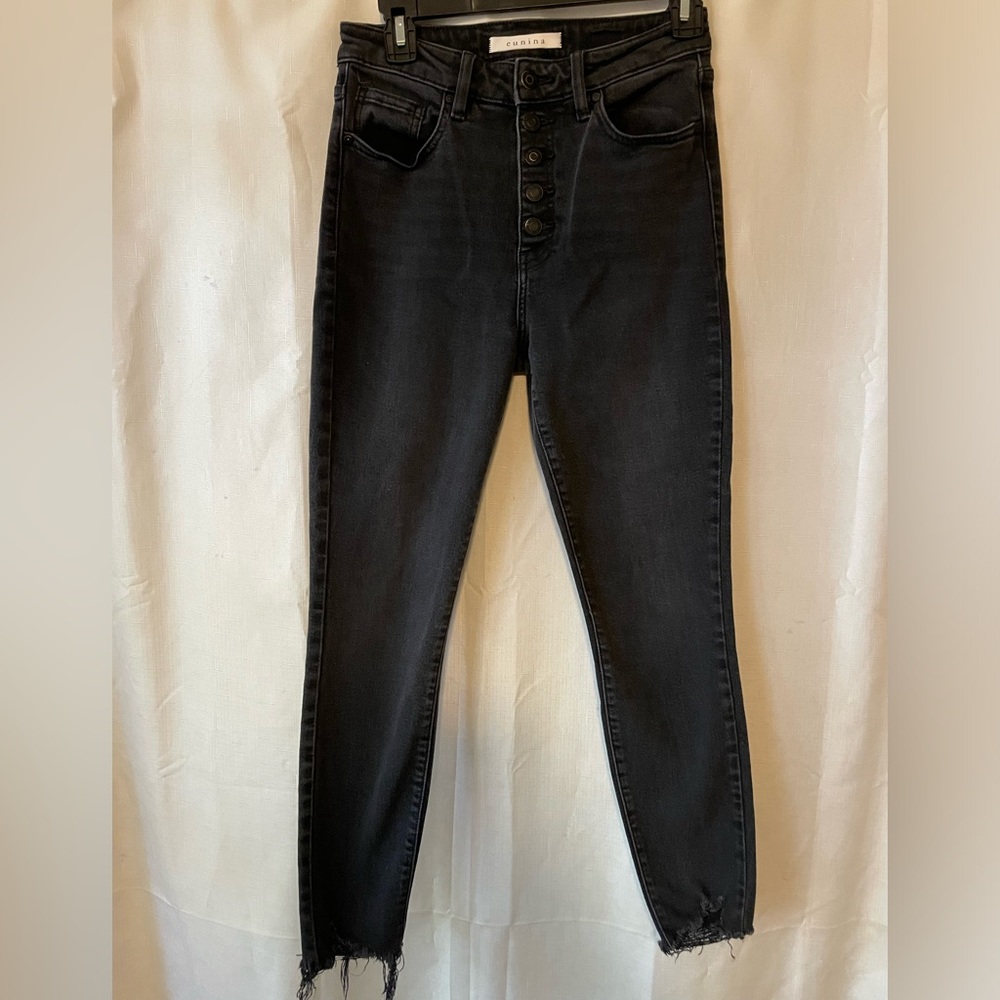 Black denim, high waisted skinny, cropped ankle jeans